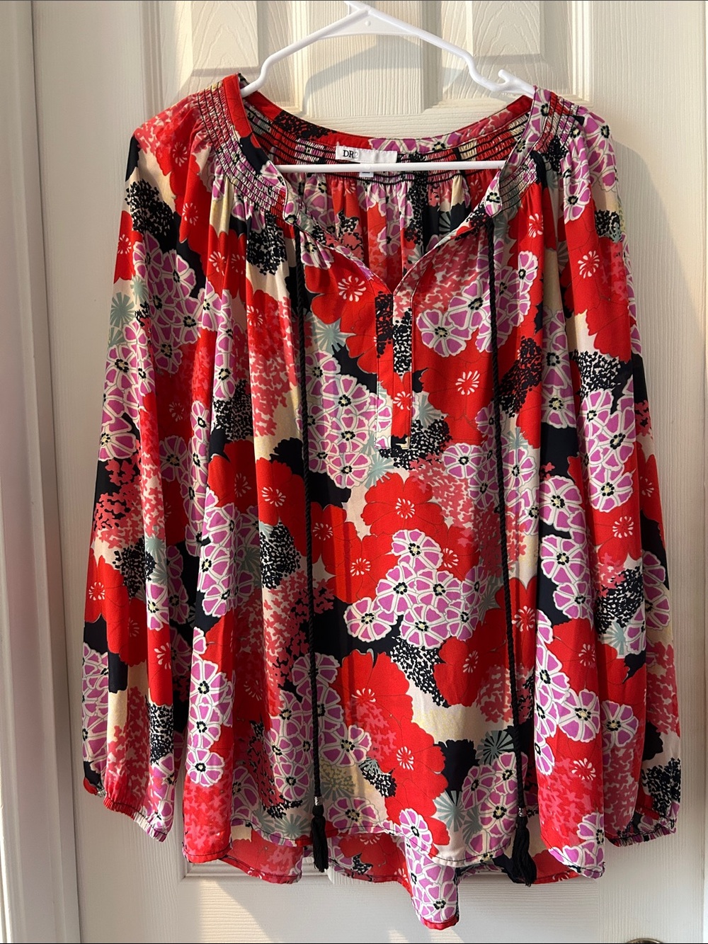 ⚜️ Bright Floral Peasant Blouse - Red, Pink & Black